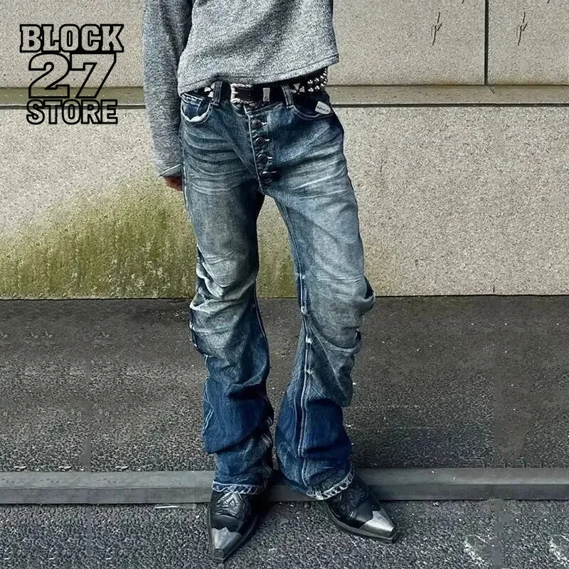 Mens Jeans Harajuku American Streetwear Washed Button Design Pleated Denim Pants Contrast Color Loose Fit Vintage Casual Trend