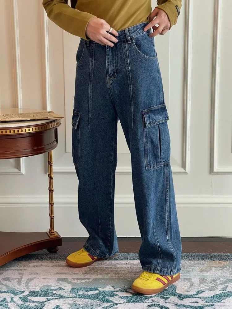 

Foufurieux Vintage Cargo Jeans Korean Style Straight Leg Casual Large Pocket Design 2024 Autumn New Trendy Denim Pants Men's