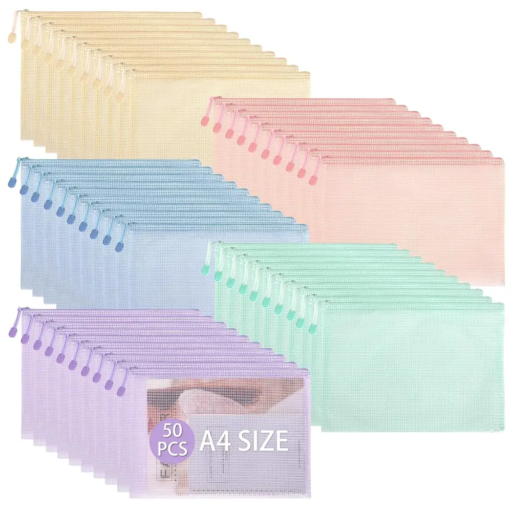 

50Pcs A4 Size Mesh Zipper Pouch Bags Board Game Puzzle Storage Travel Zipper Bags for Organizing Waterproof File Bags for Of