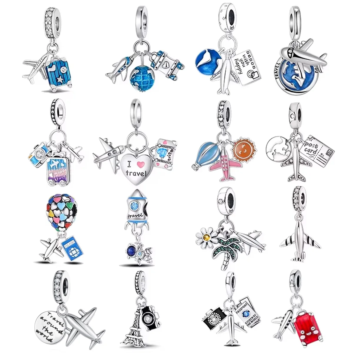 925 Sterling Silver Blue Airplane Camera Suitcase Pendant Fit Original  Bracelet Charm Bead Necklace Diy Female Jewelry