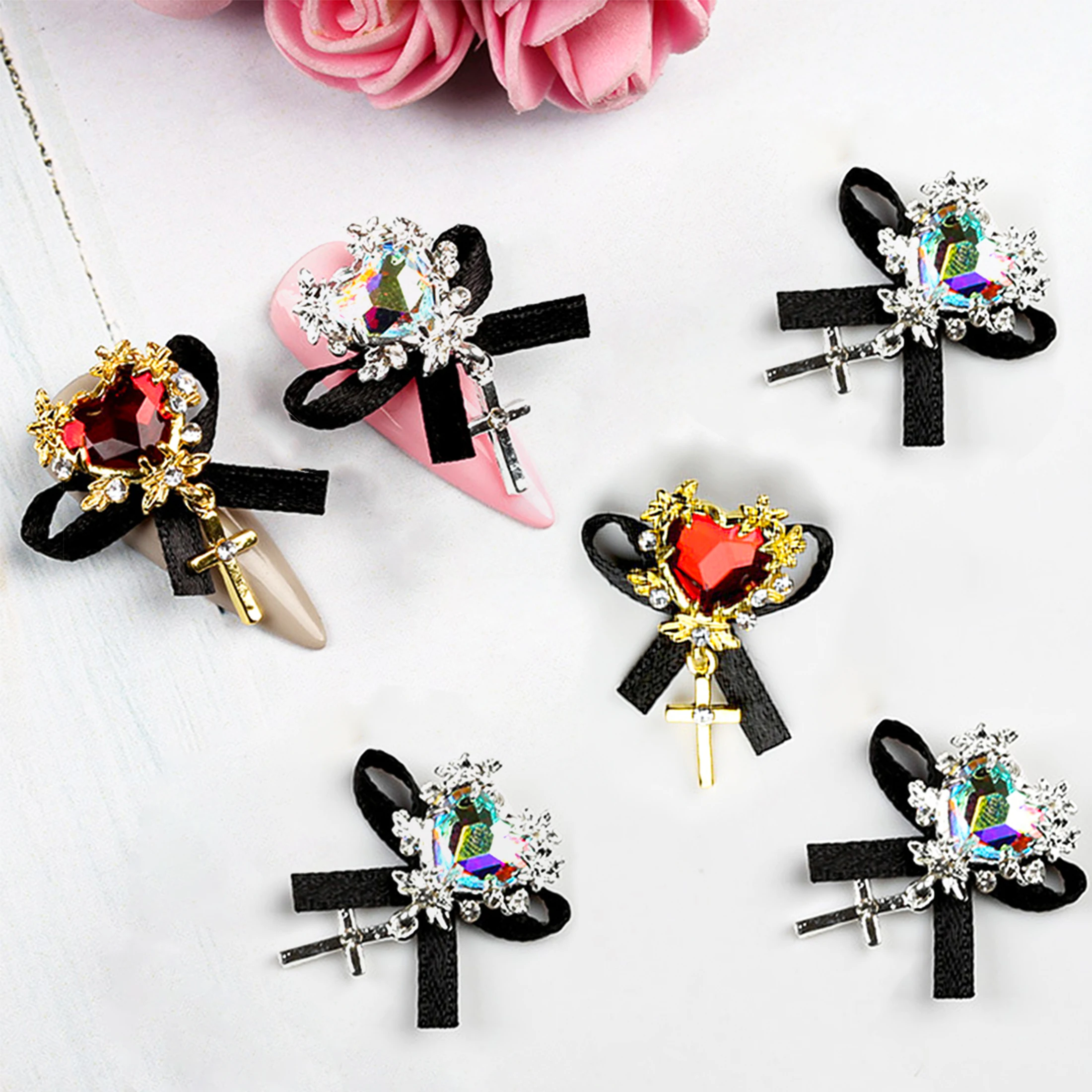 5pcs Y2K 3D Japanese Anime Sanrioed Nail Accessories 28MM Top Nail Art Charm Alloy Metal Bow Rhinestone Crystal Nails Decoration