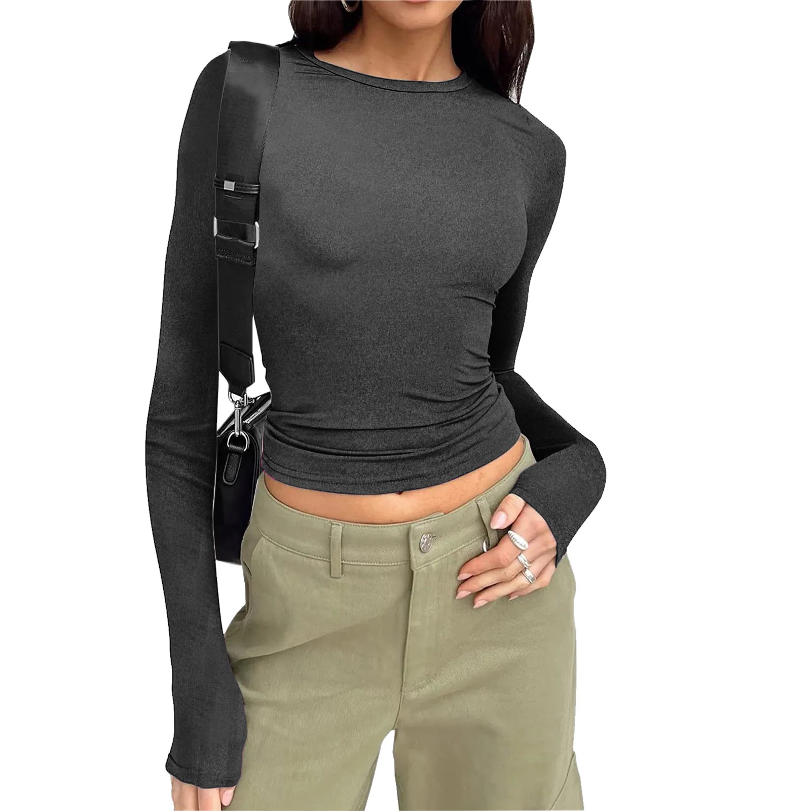 Women’s Slim Tops Long Sleeve Round Neck Crop Top Tee Shirt Basic Solid Tight Slim Womens Layering Tops All Cotton Shirts Women