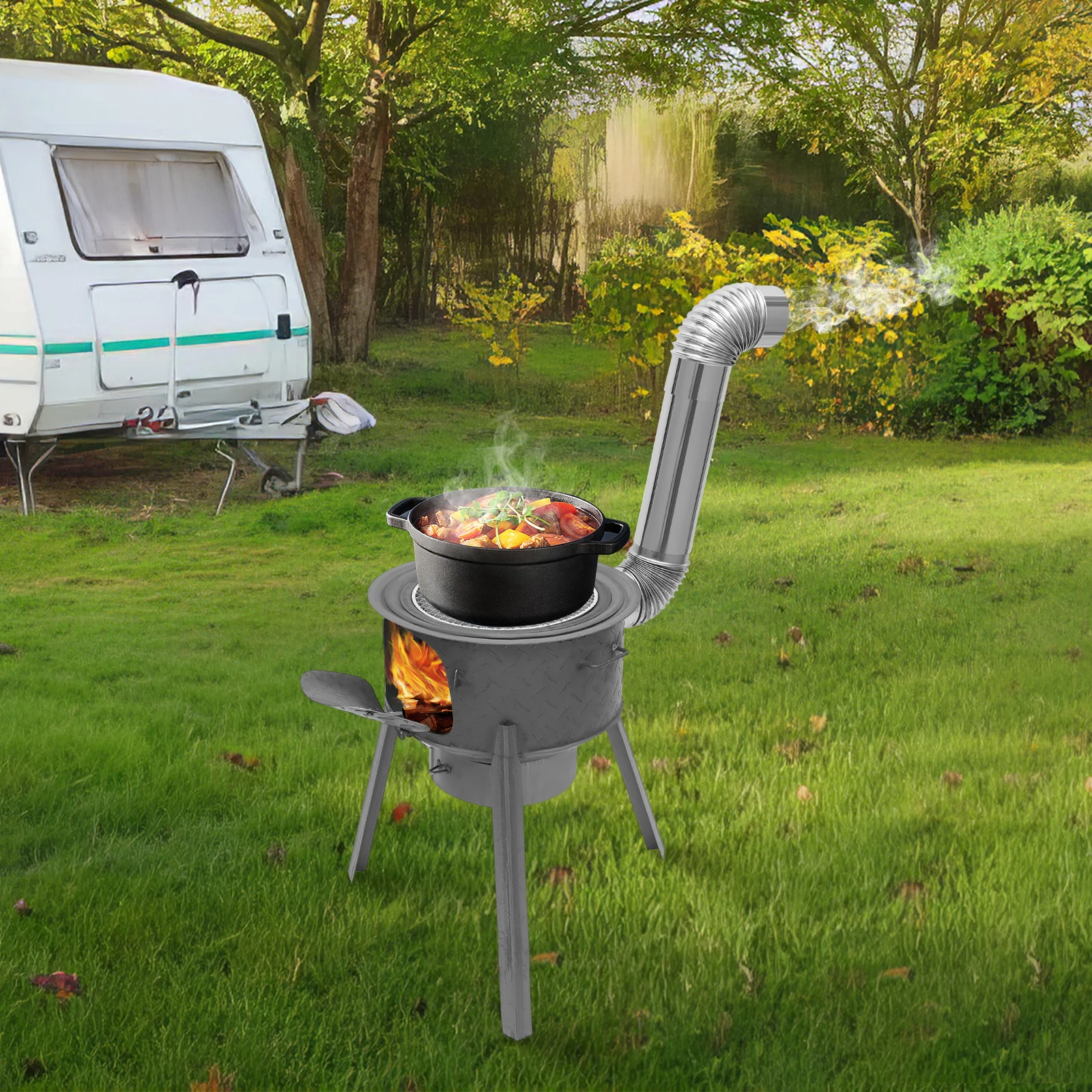 

Wood Burning Stove, BBQ Grill, Portable Campfire Stove, 3 Adjustable Cooktop Rings, Tri-Pod Design, 220lbs Load, with Ash Collection Tray, for Outdoor Cooking