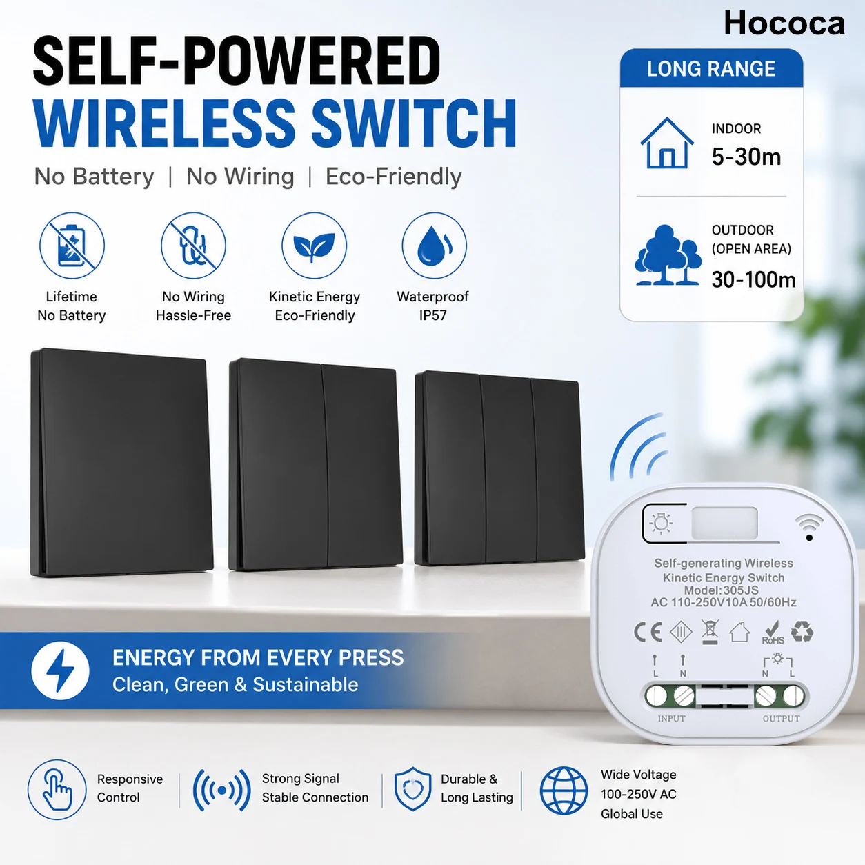 No Battery No Wiring Lighting Kinetic Energy Switch 86 Type Black 1/2/3 Gang Wireless Panel AC 110V 220V Waterproof Switch