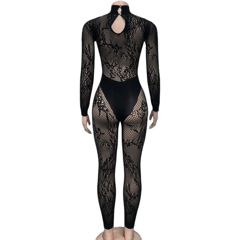 Damen Schwarzer Spitzen-Mesh-Jumpsuit mit hohem Kragen, langen Ärmeln, transparentem Bodycon-Design, sexy Party-Clubwear, hautenges, einteiliges Outfit. – Detail 9
