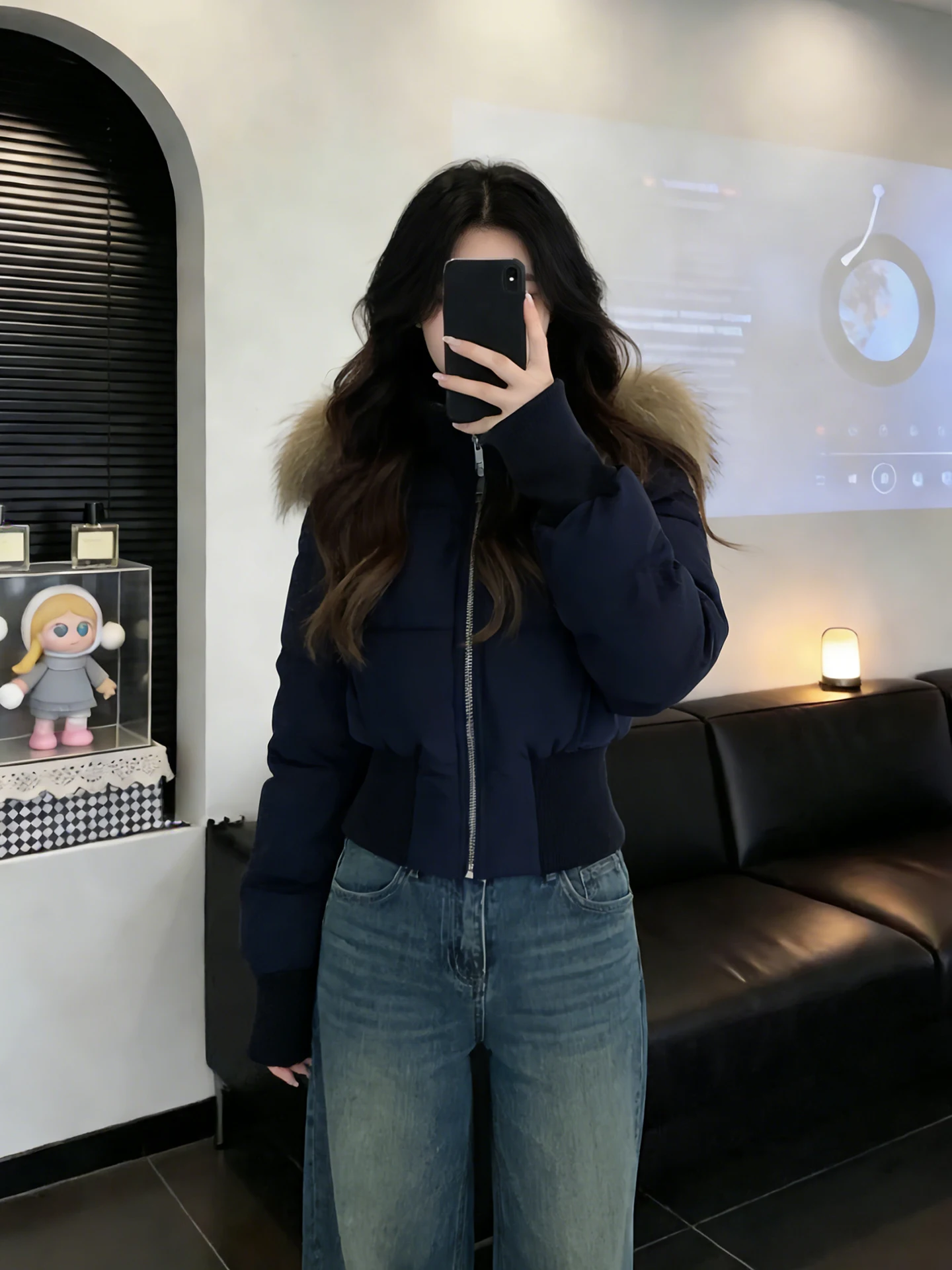 

American Sle Thiened Hooded down Cotton Jaet Women's Autumn Winter New Sle Bread Sle Coat Large Fur Collar Fem