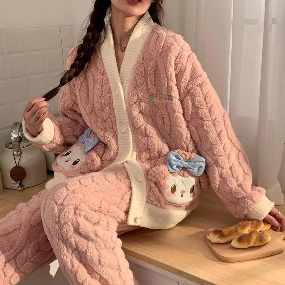 بدلة بيجامات أنيمي كورومي ماي ميلودي من القطيفة Sanrioed Kawaii ملابس منزلية كرتونية للفتيات سترة شتوية من الصوف المرجاني ملابس نوم