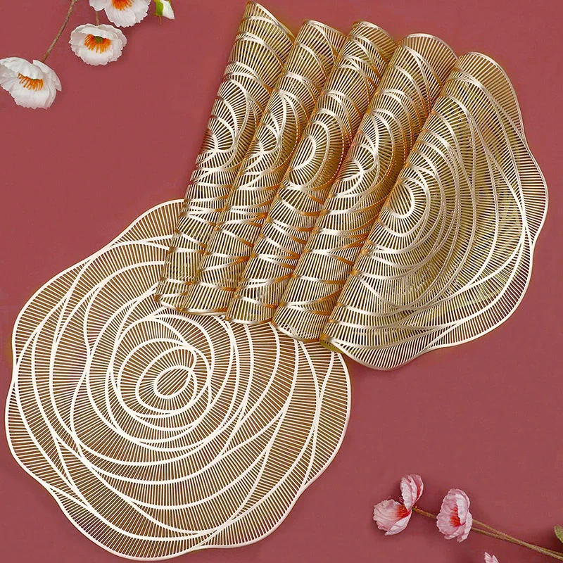 

1Pc 38*38cm PVC Rose Flower Placemats Restaurant Hollow PVC Decoration Meal Mat Anti-hot Dining Table Line Mat Coaster