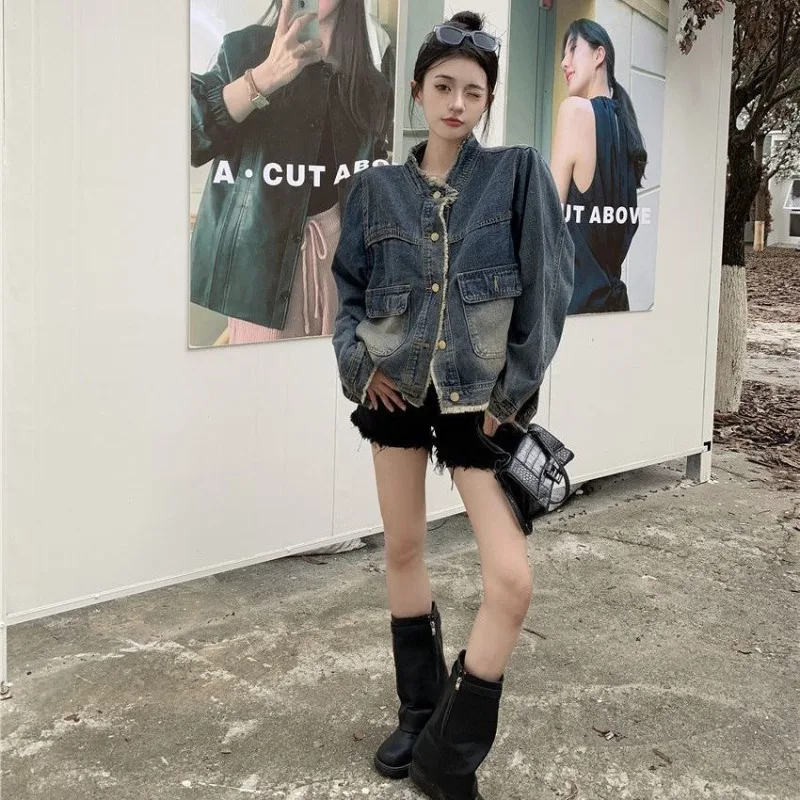 Women's Fall Spring Tops Coat Cowboy Round Neck Raw Edge Vintage Simple Loose Casual Designed Fashion New Niche Versatile Skinny