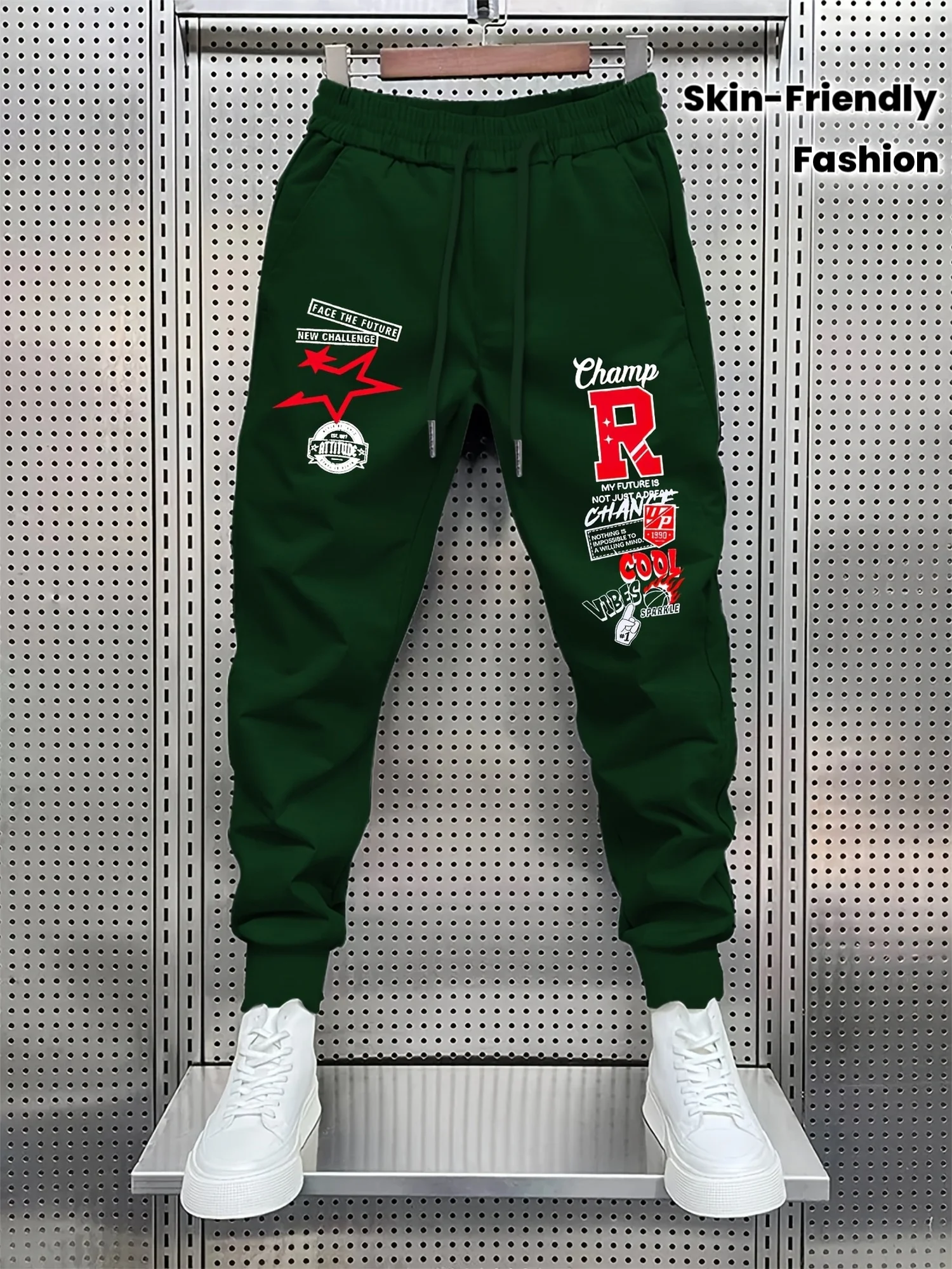 Varsity collage star‑badge champion‑motto artwork stylish tapered fitted sweatpants men hip hop sports jogger trousers
