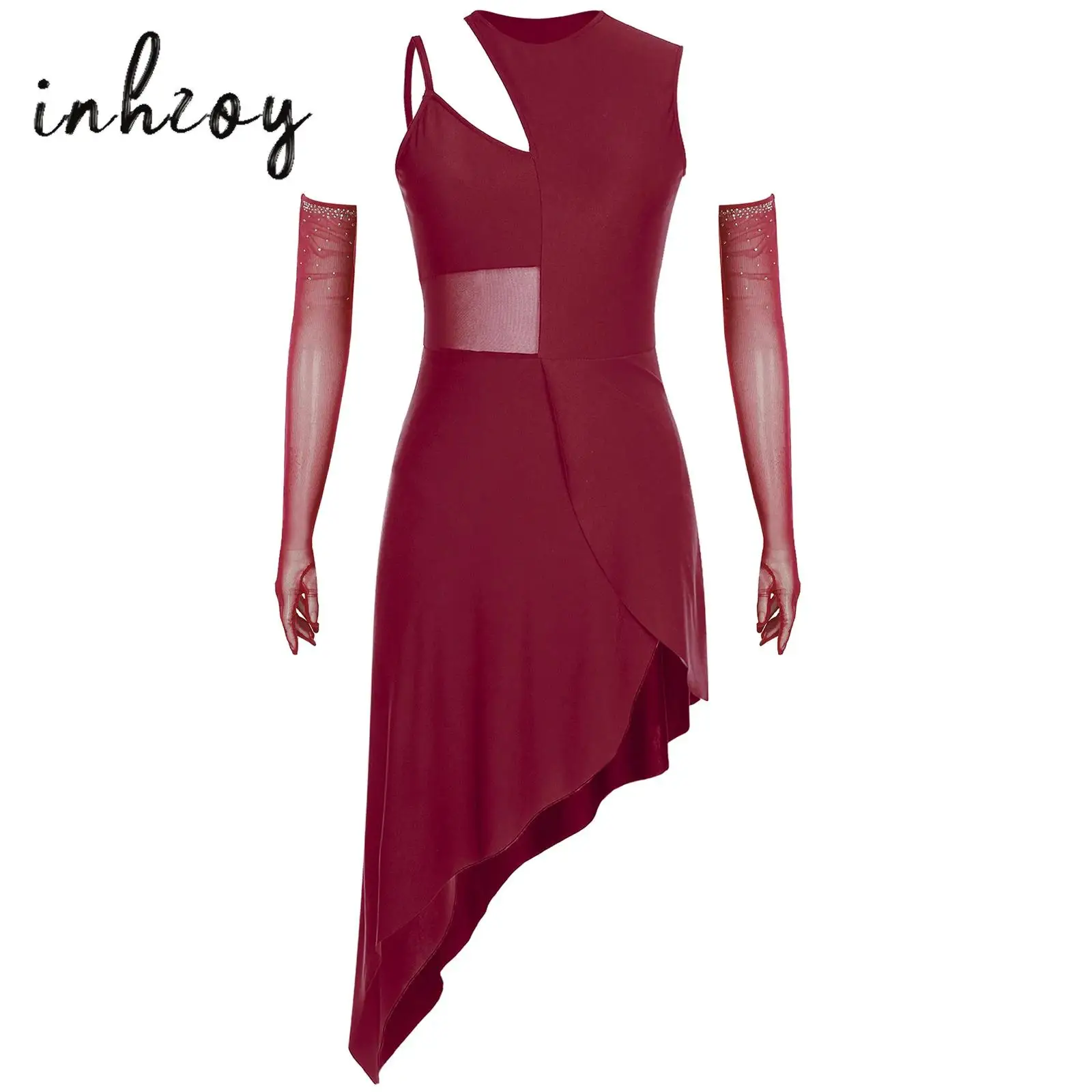 

Womens Lyrical Dance Dress Irregular Mesh Patchwork Sleeveless Dress+Rhinestone Long Gloves Set for Figure Skating Performance