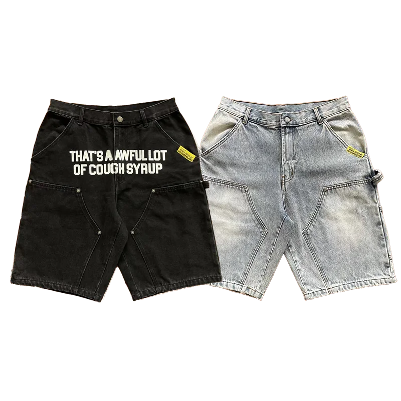 

Casual Cotton Denim Short Pants with Printed Rhinestone Washed for Young Men Straight Leg Fit Autumn Winter Streetwear