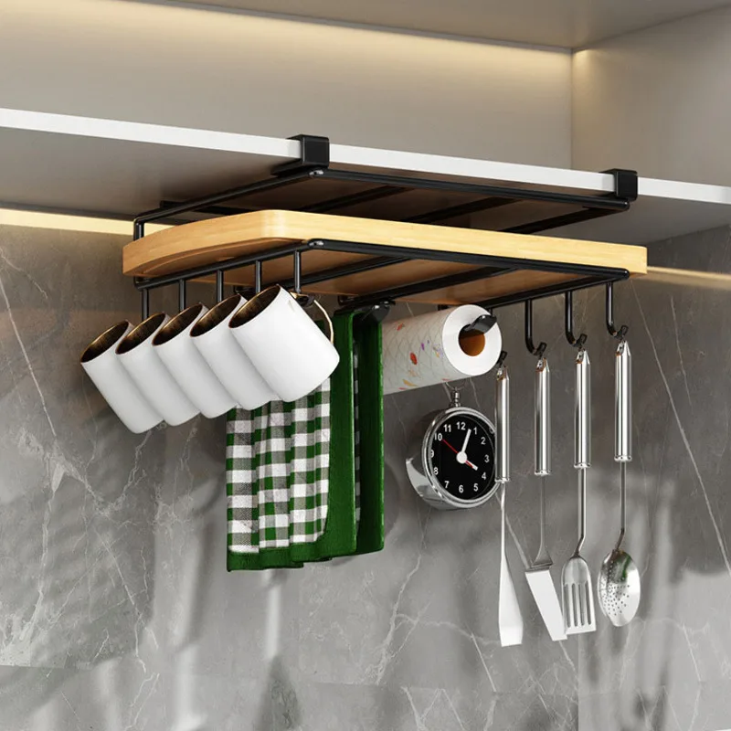 Home Kitchen Miscellaneous Storage Rack With Hooks Metal Material Shelf Hanging Under The Cabinet Multiple Styles Available Rack