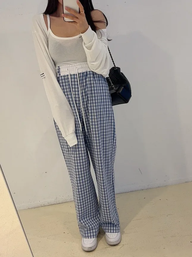 Retro High Waist Plaid Wide Leg Pants Women's Chic Loose Versatile Youthful Casual Trousers Korean Sle Autumn Season