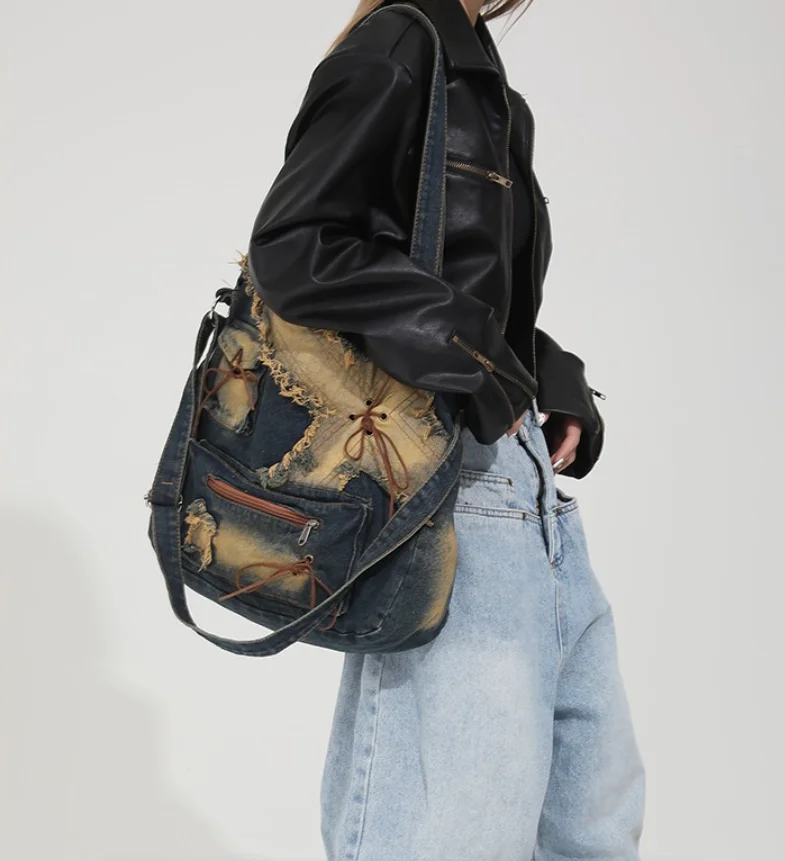 Denim Y2k Womens Shoulder Bag Vintage Washed Distressed Fashion female Messenger bag Large Capacity ladies Handbags Sac totes 가방