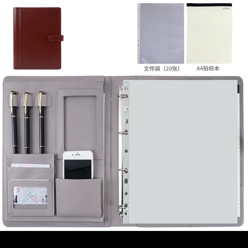 A4 หนังแฟ้มโฟลเดอร์สํานักงานธุรกิจ Binder เอกสารหน้าโฟลเดอร์เครื่องคิดเลขปากกากระเป๋าตรวจสอบผู้ถือจัดเก็บ