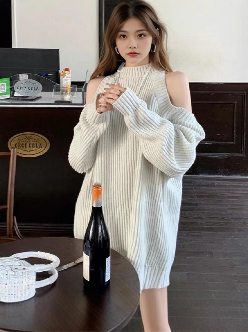 Knitted Sweater Women  Long-sleeved Off Shoulder Pullovers Hotsweet Vintage Streetwear Clothing Y2k Tops Fashion Knitting Dress