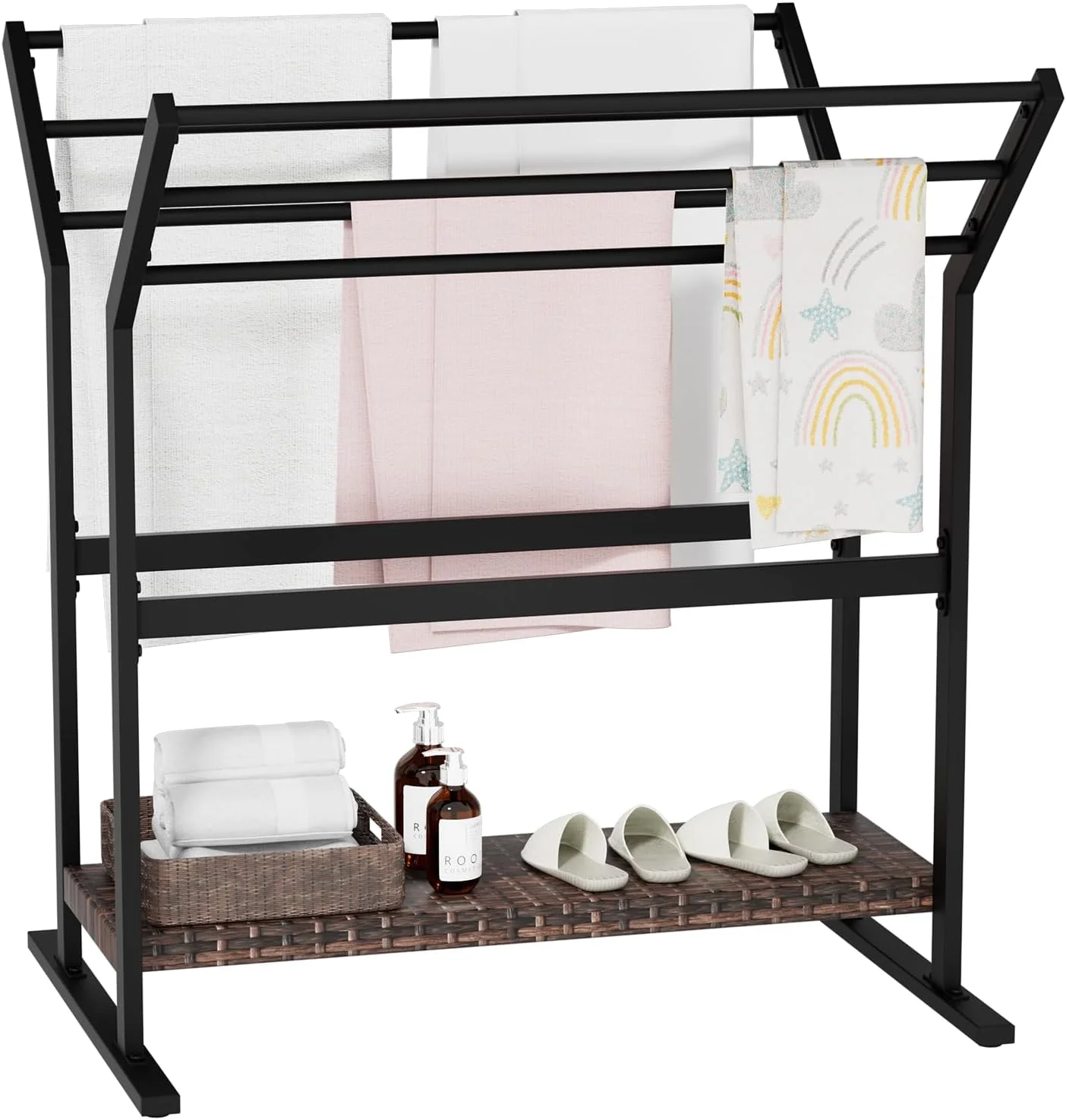 

Freestanding Pool Towel Rack & Storage Organizer with Wheels Rattan Shelf for Bathroom & Garage Multifunctional Towel Holder