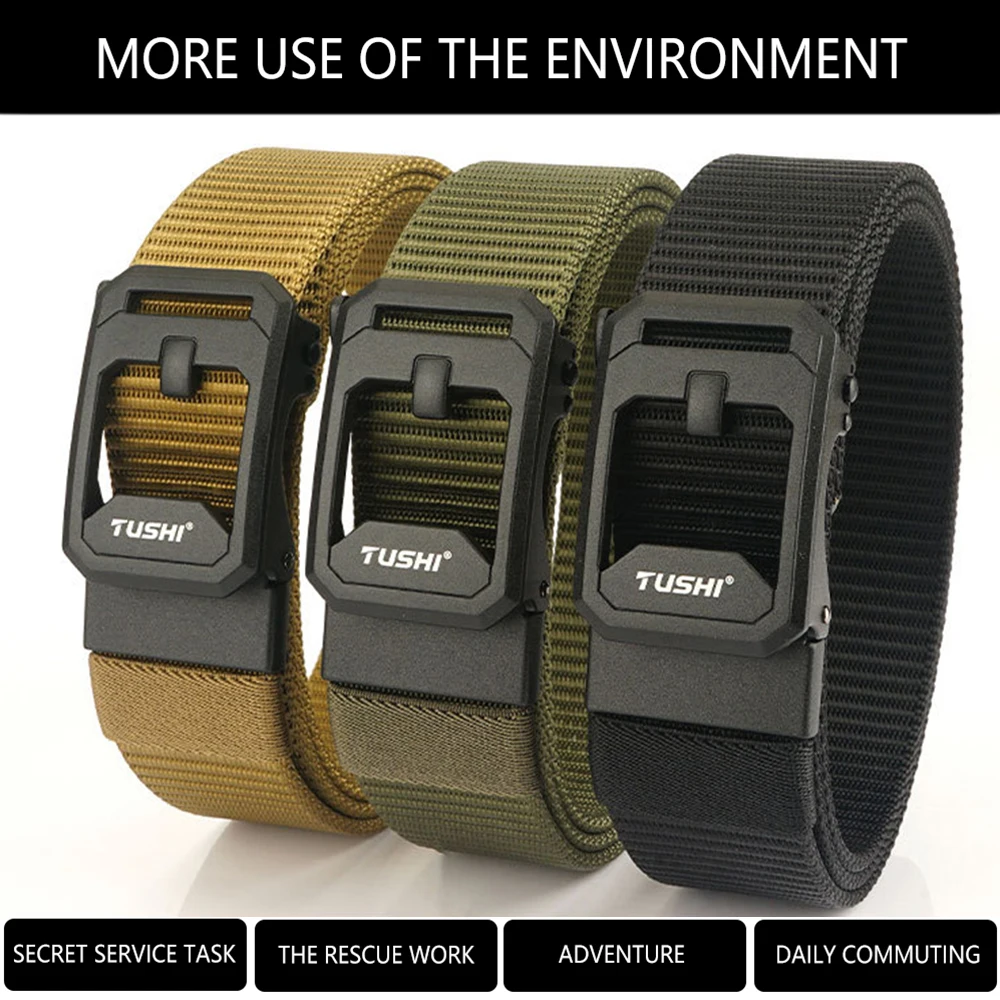 TUSHI Metal Automatic Buckle Canvas Belt for Men Durable Tactical Military Belt Waistband Outdoor Training Hunting Casual Pants