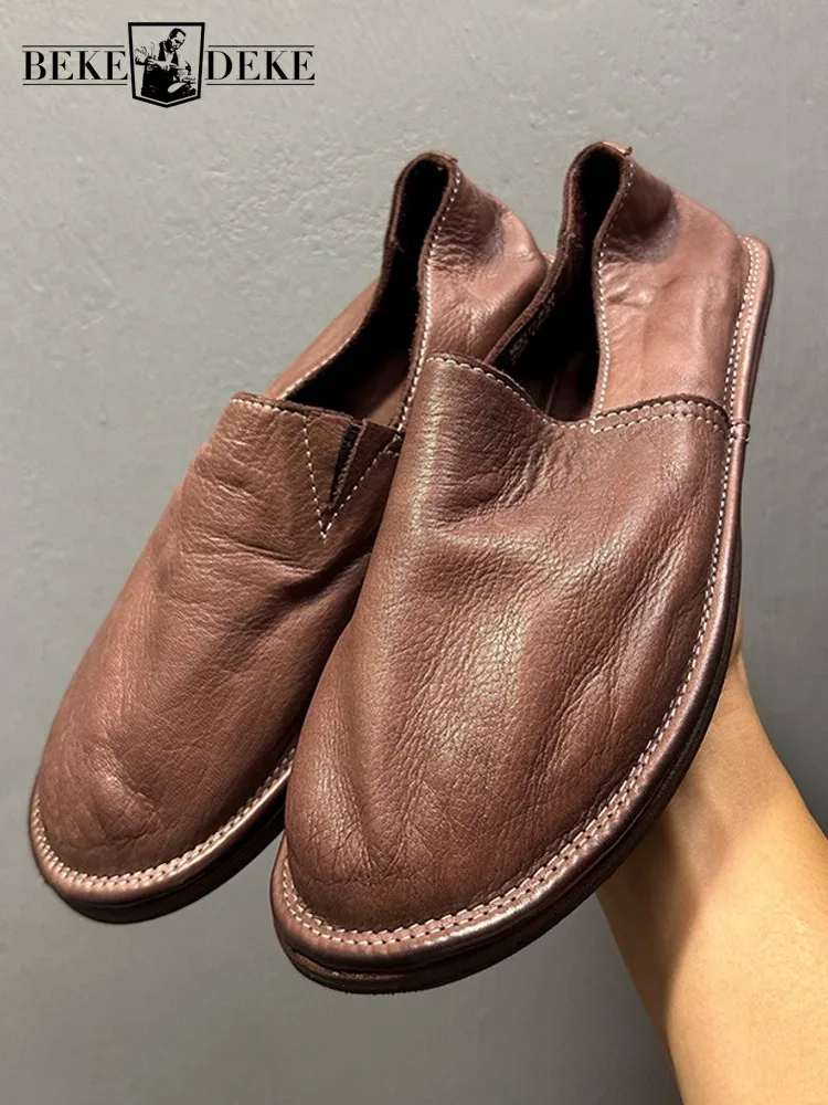 

Vintage Mens Horsehide Genuine Leather Shoes Business Casual Driving Shoes Handmade Moccasin Gommino New Low Cut Slip On Loafers