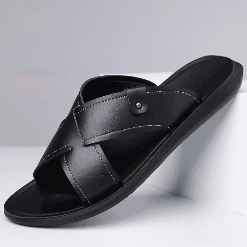 Men Genuine Leather Big Size One Word Slippers Summer New Soft Sole Non Slip High Quality Flat Sole Outdoor Beach Slipper Sandal