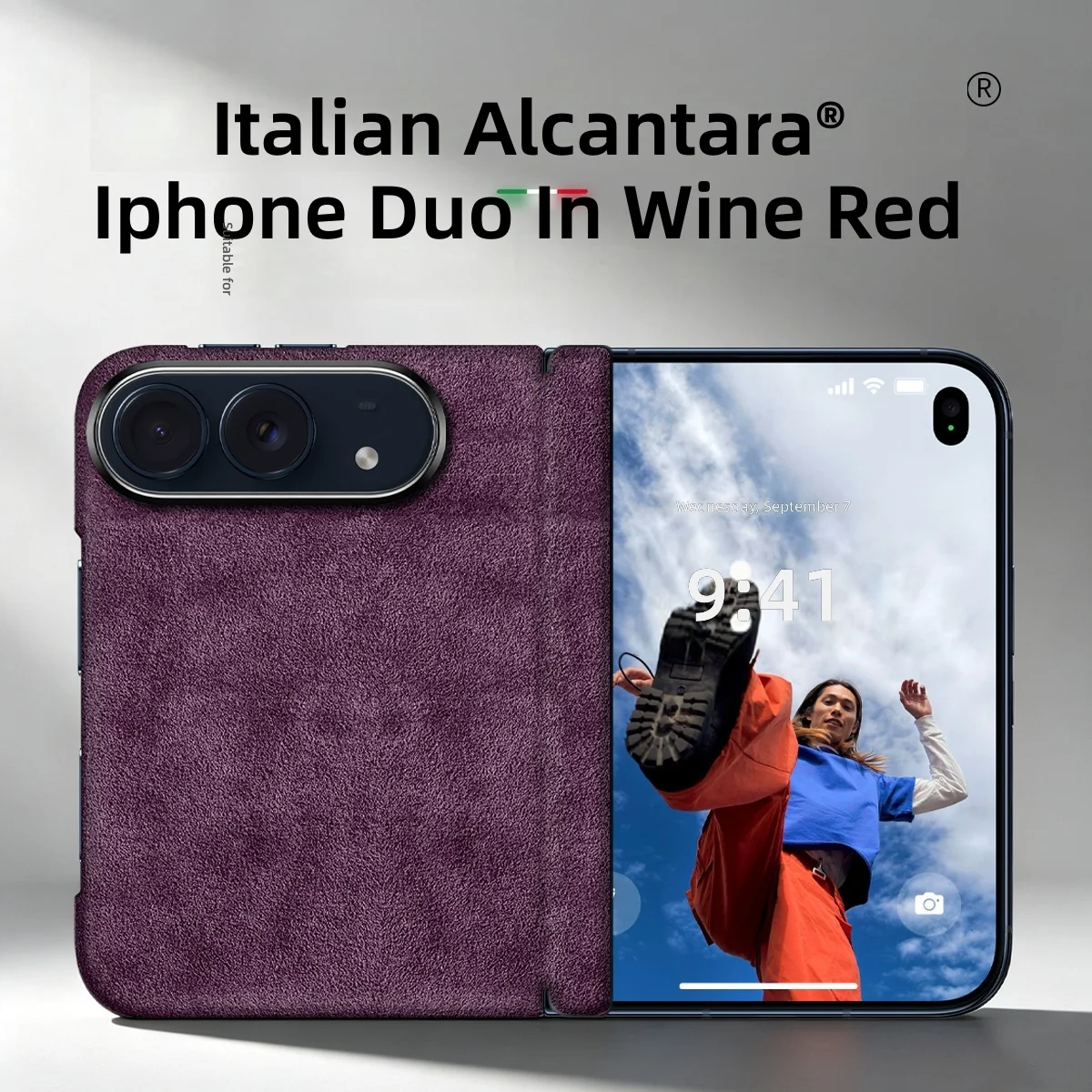 Luxury Suede Leather Case for iPhone Duo Case, Hinge Full Coverage Protective Material Alcantara Built-in magnetic Phone Case