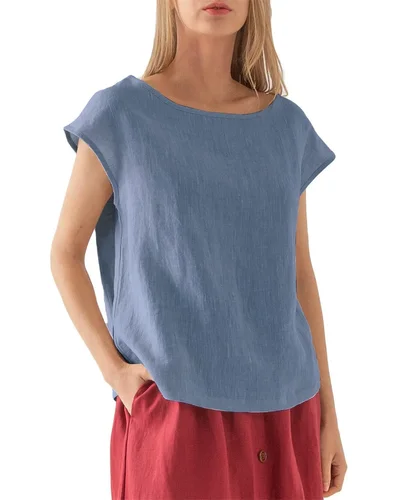 Imagen 2 del producto Camiseta de lino y algodón para mujer, Jersey informal de manga corta con cuello redondo, Color liso, holgado, elegante, novedad de verano