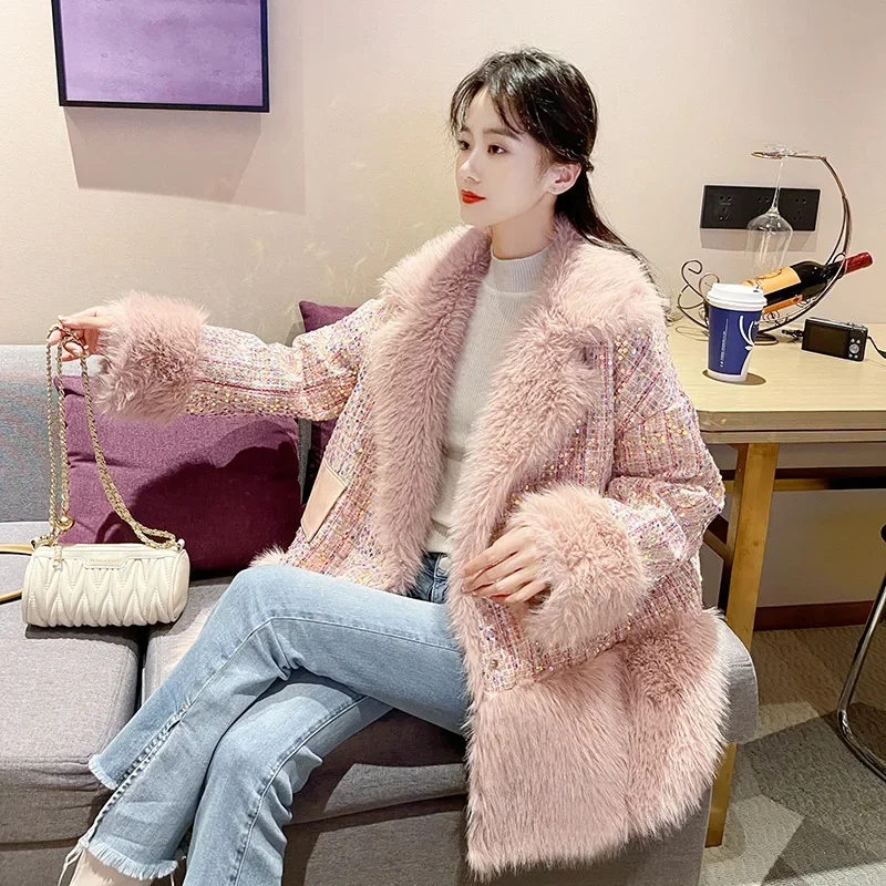 Winter New Women's Fur Jacket Fashion Sequined Woolen with Wool Blended Imitation Fur Long-sleeved Loose Coat Women