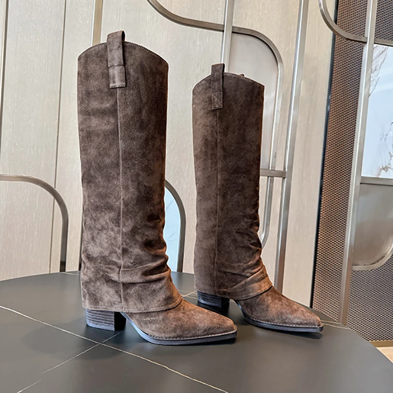 New Cowboy Western Boots Slip-On Long Tube Boots Women Knee-High Boots Women Slip-On Thick High Heels Women Party Botines Mujer