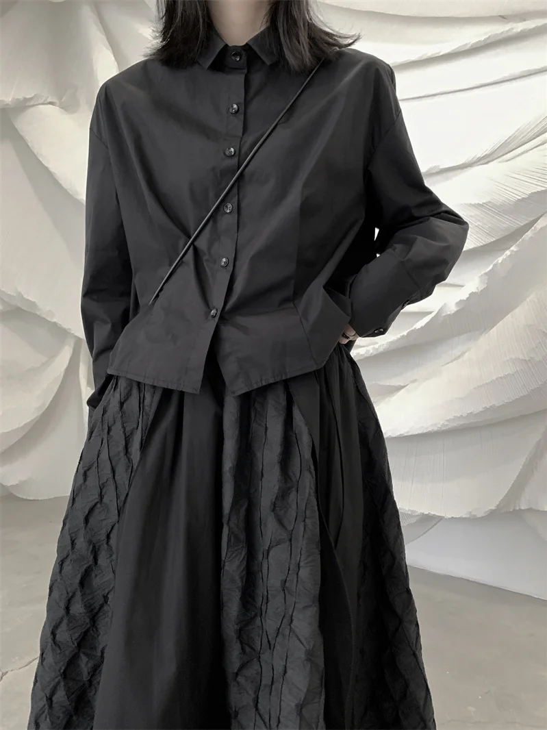 

Свободная женская рубашка с плиссировкой и длинным рукавом, повседневный стиль, хлопок, весна-осень, укороченная, приталенная, модный топ