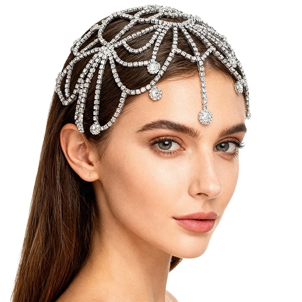 1920s Cap Headpiece Flower Rhinestone Head Chain Silver Roaring 20s Great Gatsby Hair Accessories Hair Chain Hat for Cosplay Art