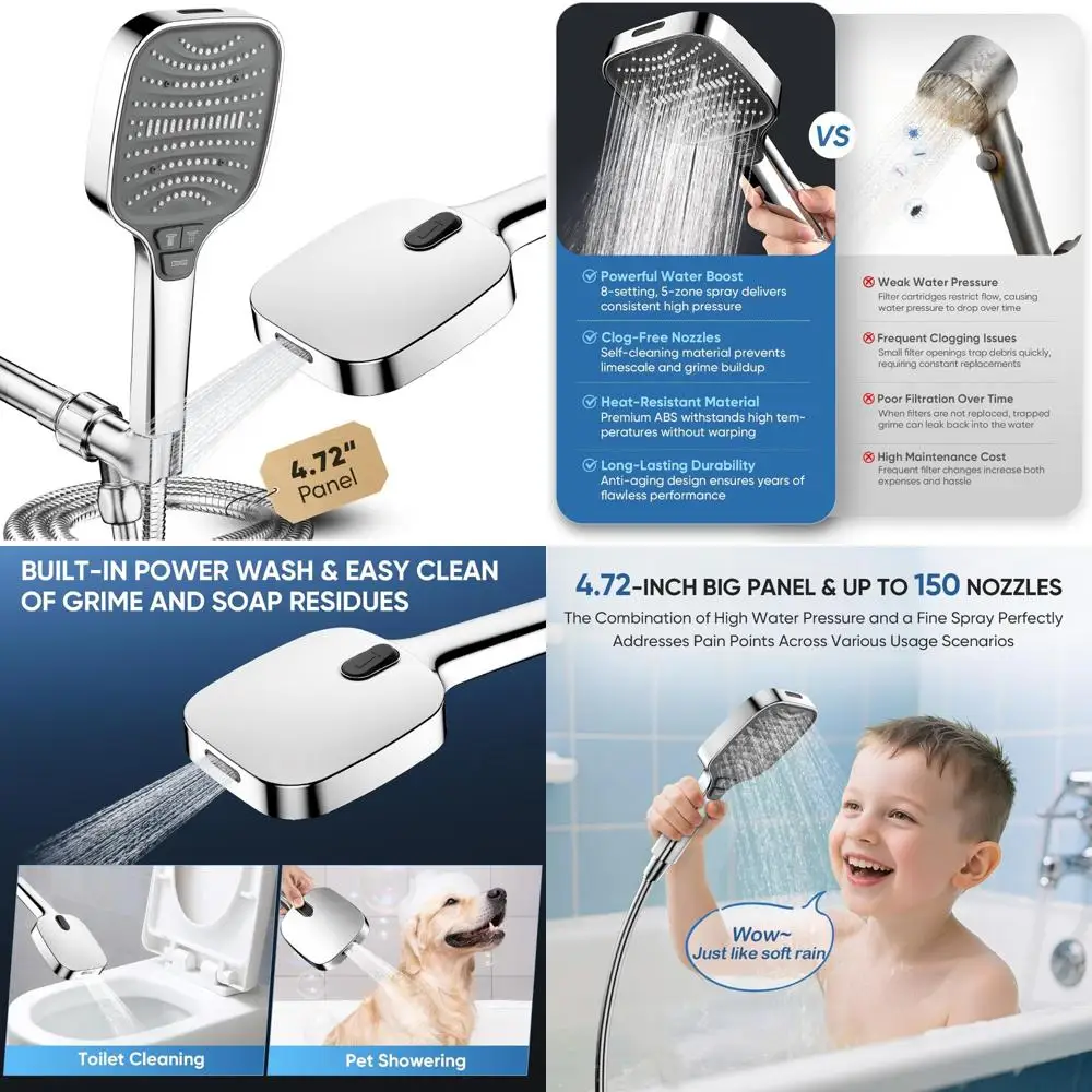 

High-Pressure 8-Mode Handheld Shower Head with Anti-Clog Nozzles and Built-In Power Wash for Tub Cleaning