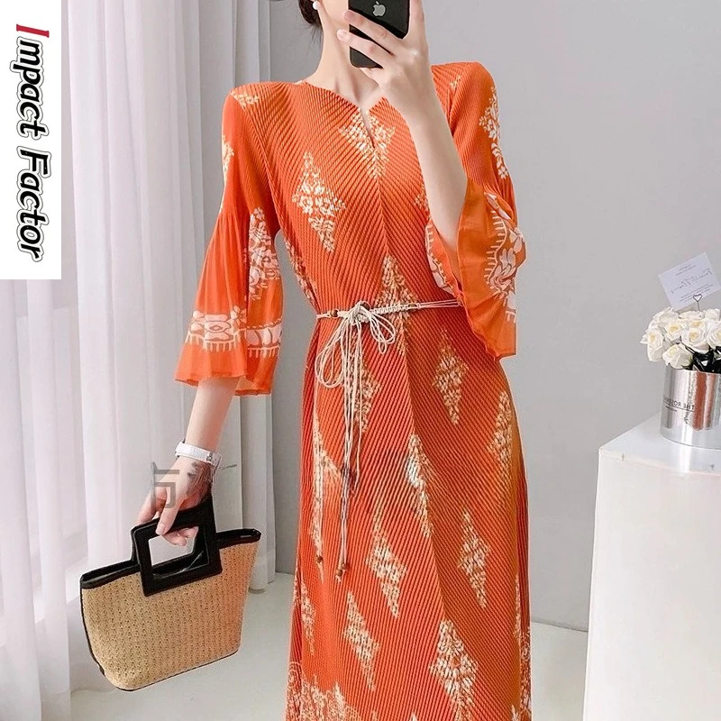 

Miyake Fold 2025 Autumn New Design Sense Niche Ethnic Style Printing High-end Lazy Sense Dress Women