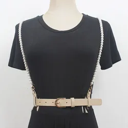 Women's Fashion Vintage Pearl PU Leather Vest Cummerbunds Female Dress Corsets Waistband Belts Decoration Narrow Belt R1872