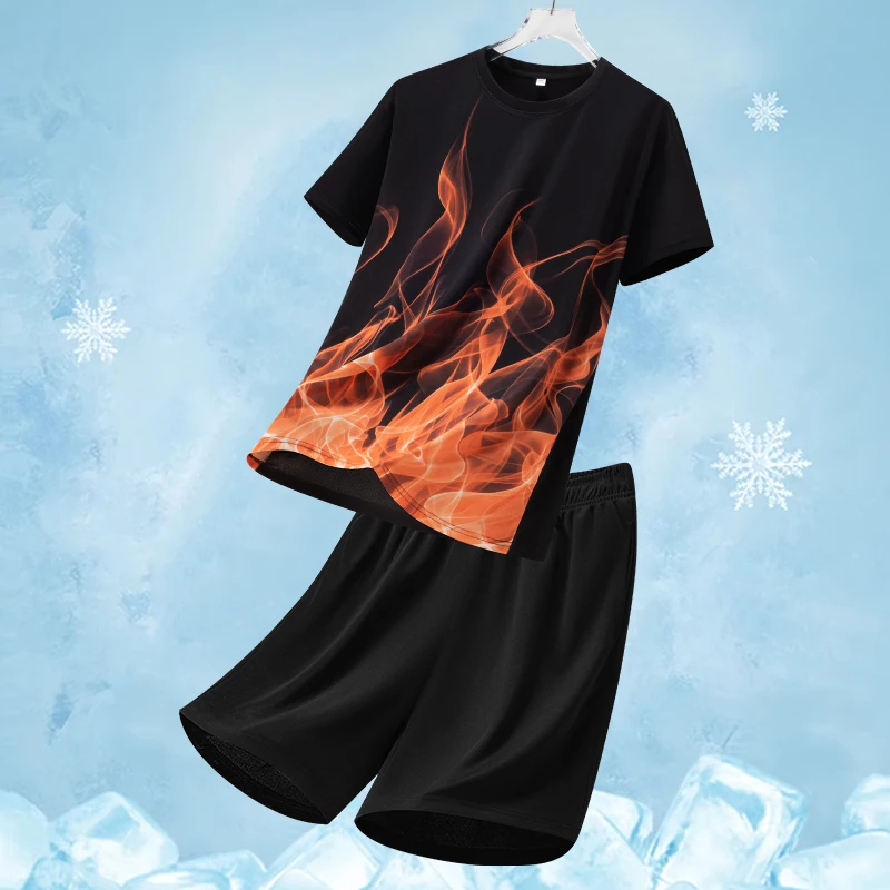 

Summer Ice Silk Quick Dry Sports Sets Men 2026 Fire Gradient Printed Short Sleeved Tshirt Shorts for Men's Women's Running Sets