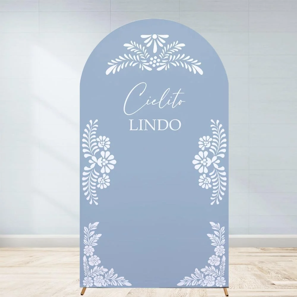 

Dusty Blue Mexican Baby Shower Party Arch Backdrop Cover Talavera Style Stretchy Fitted Cover Fabric Boy Girl Arched Chiara Wall