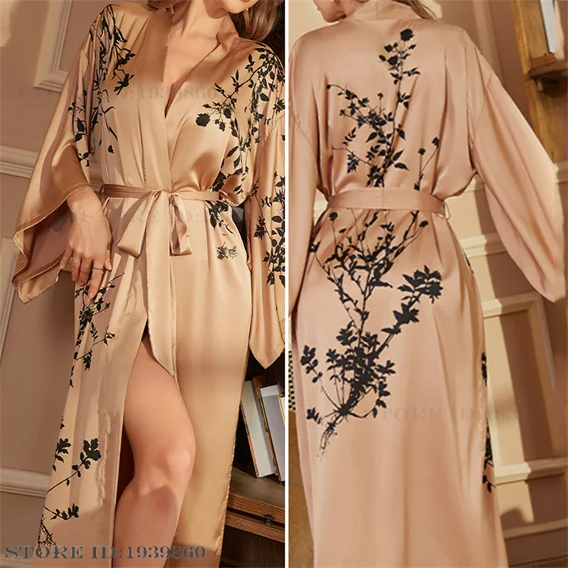 Plus Size Women\'s Long Robe Sleepwear Print Flower Kimono Bathrobe Gown Spring New Night Dress Home Wear Casual Satin Loungewear