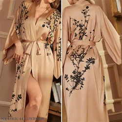 Plus Size Women's Long Robe Sleepwear Print Flower Kimono Bathrobe Gown Spring New Night Dress Home Wear Casual Satin Loungewear