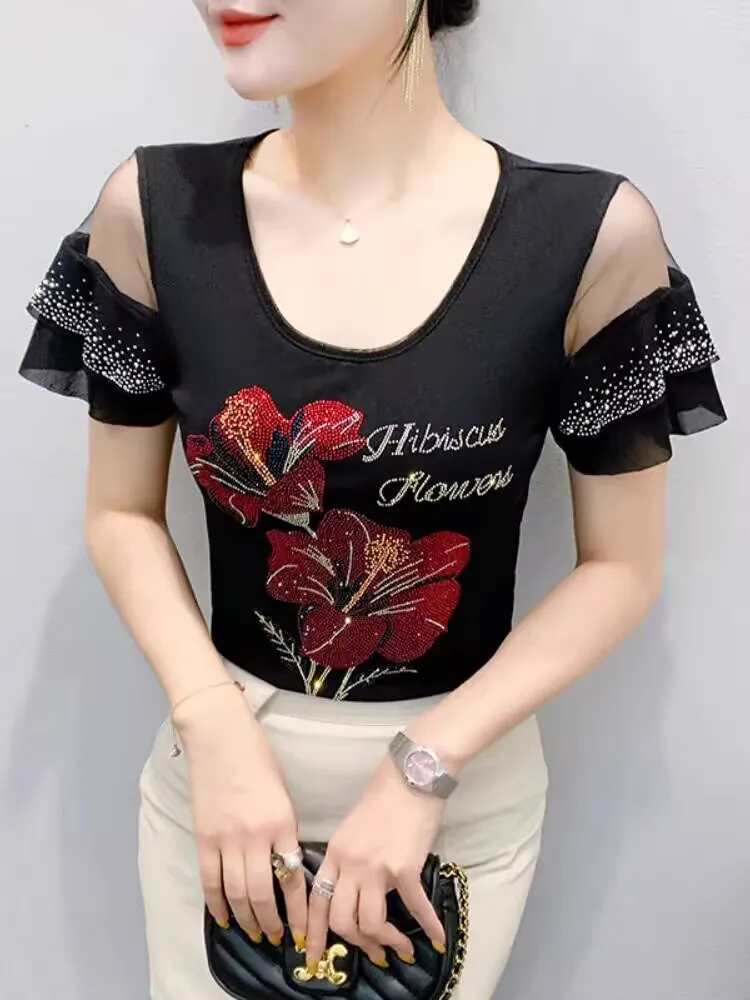 2025 Fairy Eye-catching Female T-shirt Spring Summer Woman Short Sleeve Tops Tee O-neck Printed Flowers Butterfly Sleeve Sheer
