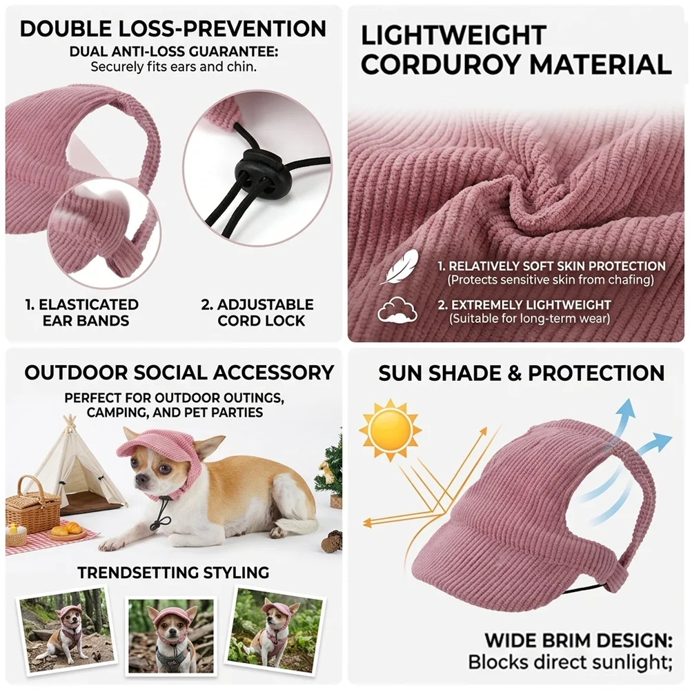 Sonnenhut für kleine und große Hunde und Katzen, verstellbare Baseballkappe mit Öffnung für die Ohren, winddichtes Cordstoff-Visier für Welpen, Haustierbedarf. – Detail 2