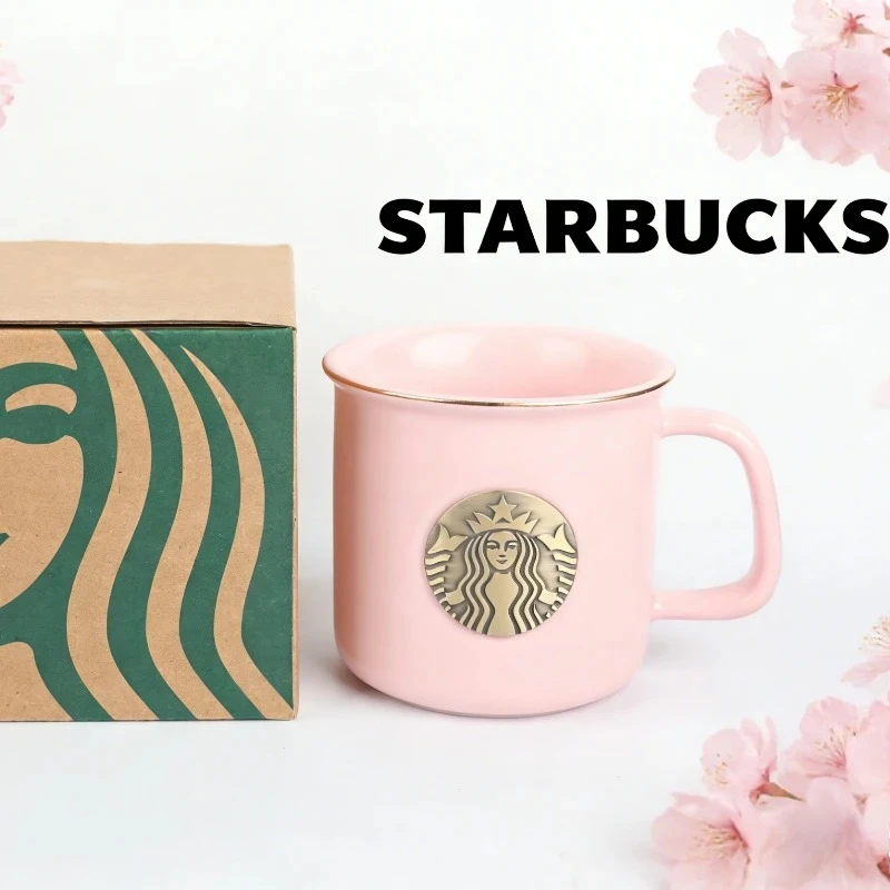 

Starbucks Pink Siren Badge Mug 355ml Enamel Style Cup Gold Rim Perfect Holiday Gift