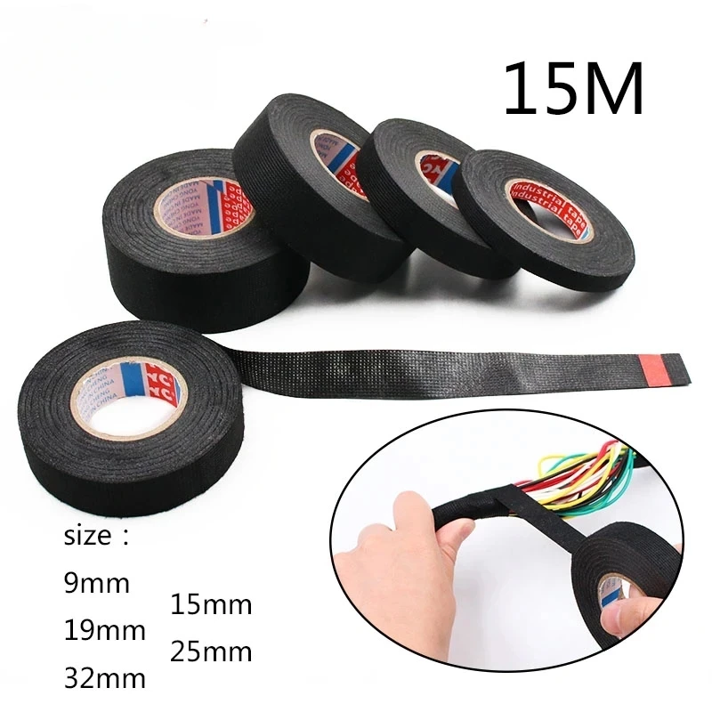 1pc Heat-resistant Adhesive Cloth Fabric Tape For Car Auto Cable Harness Wiring Loom Protection Width 9/15/19/25/32MM Length 15M