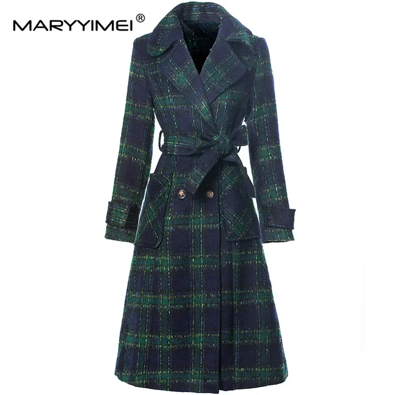 

MARYYIMEI Women's Elegant Streetwear Plaid Coat Turn-Down Collar Long Sleeved Pocket Double Breasted Autumn and Winter Overcoat