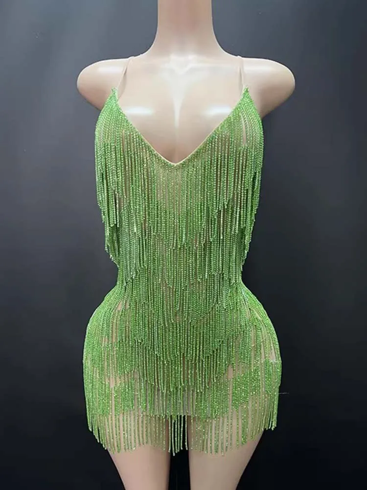 High Quality Rhinestone Layered Tassel Sexy Bare Back Suspender Dress 2025 New Fashion Custom Women'S Clothing
