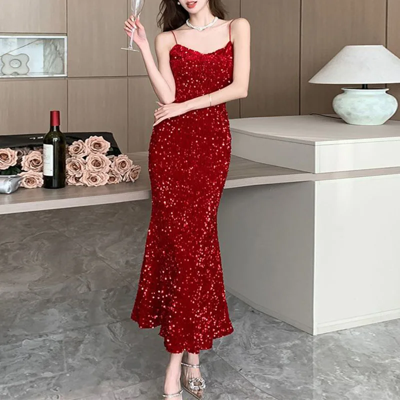 

French Celebrity Suspender Dress Women's Dress Party Robe Birthday Sexy Red Long Dresses Temperament Black Dresses
