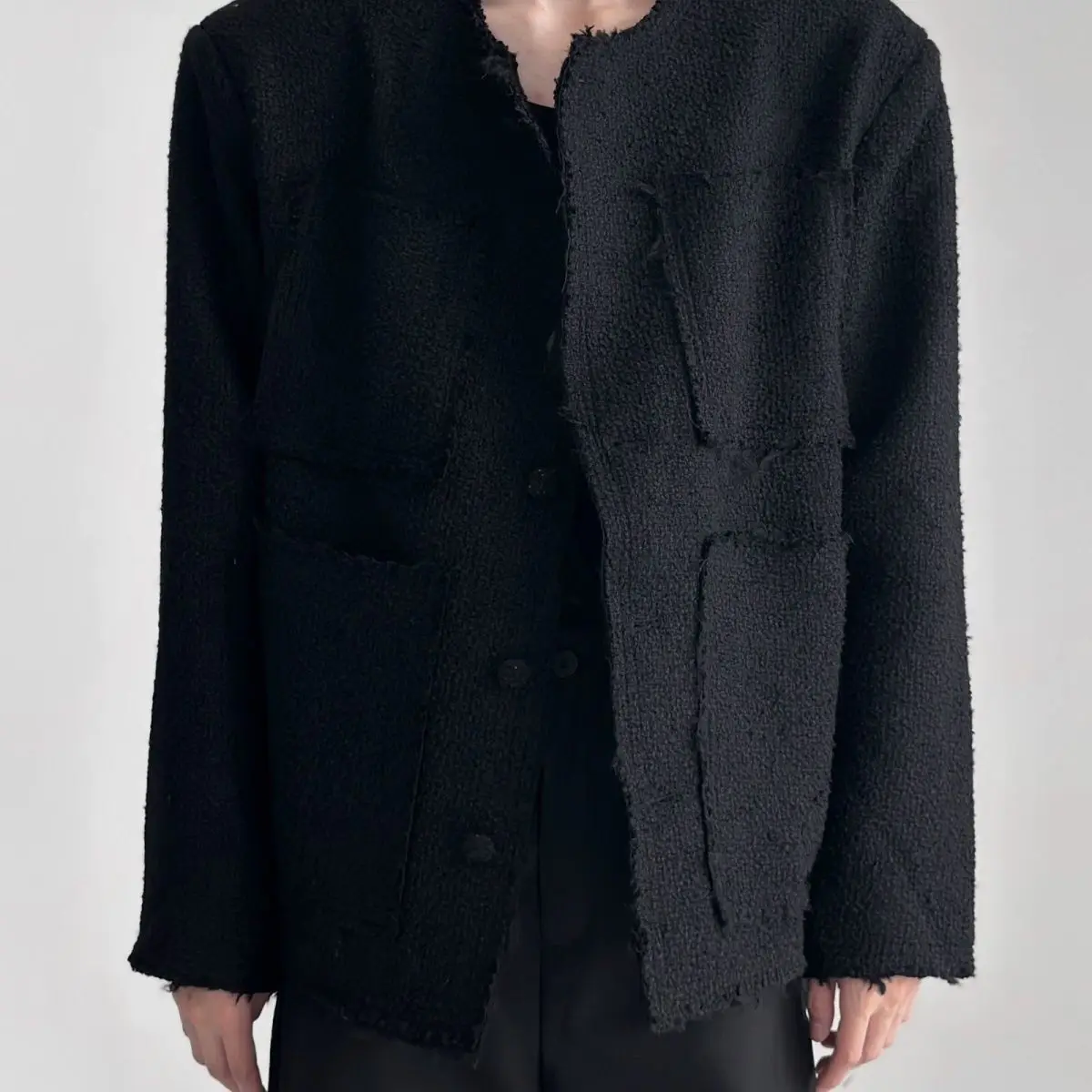 남성 럭셔리 4포켓 트위드 재킷 시크 스트리트웨어 로우 엣지 & 우븐 오버사이즈 블레이저 에지리 코리아 봄 가을 루즈핏 코트