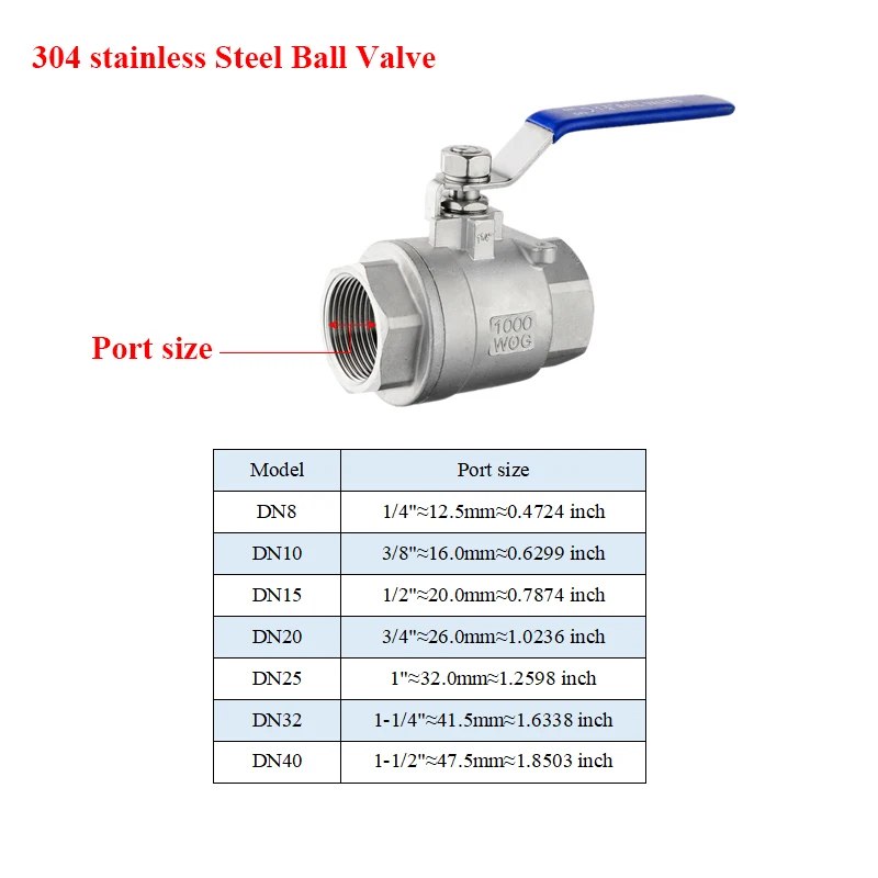 DN8/10/15/20/25/32/40 Stainless Steel 304 SS 2P Two-Piece Female Thread Ball Valve With Vinyl Handle Valves Water Switch