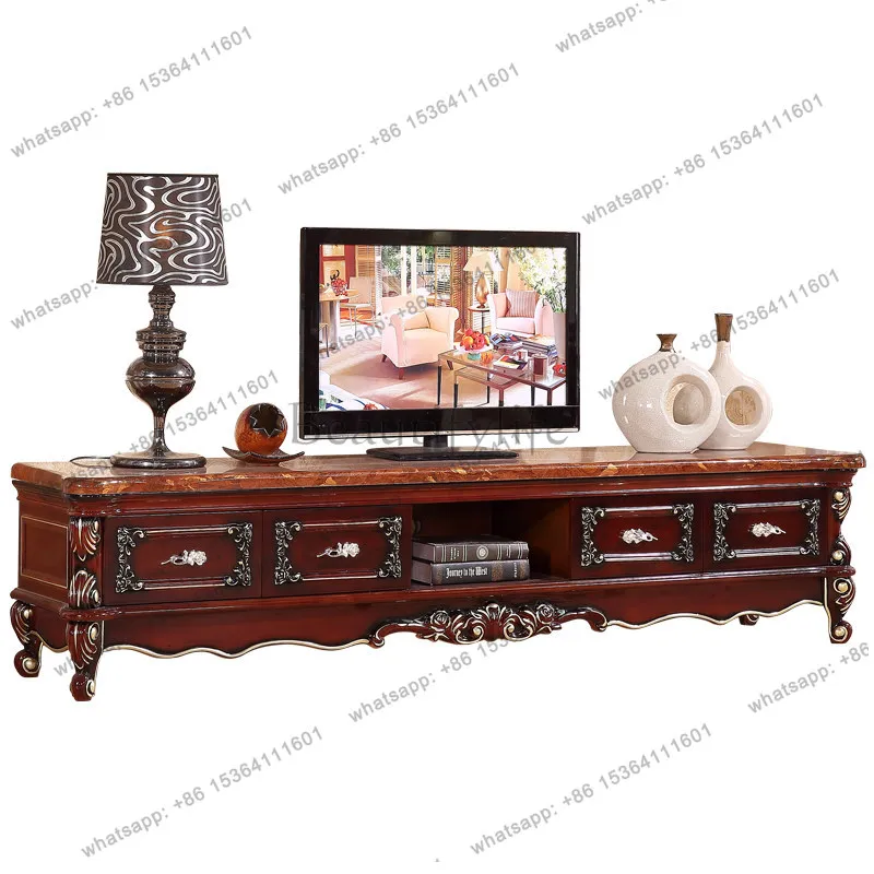 

Marble TV cabinet, European oak paint floor cabinet, solid wood carving flower