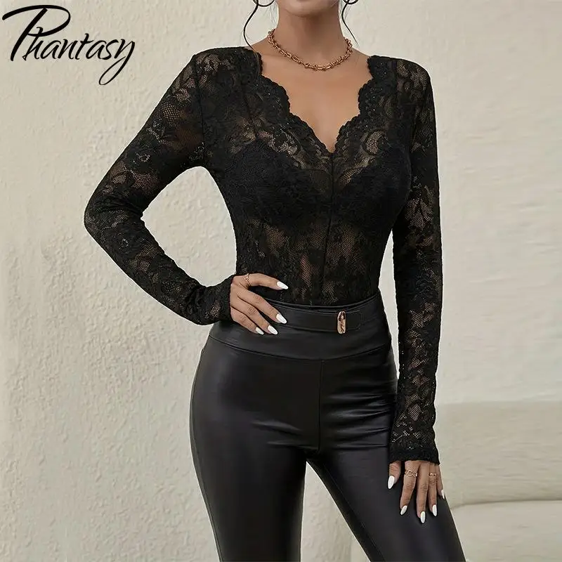

2026 Spring Summer Sexy Lace Long-Sleeve Women's Top Fashionable Elegant Slim V-Neck White Black Sheer Base Layer Streetwear
