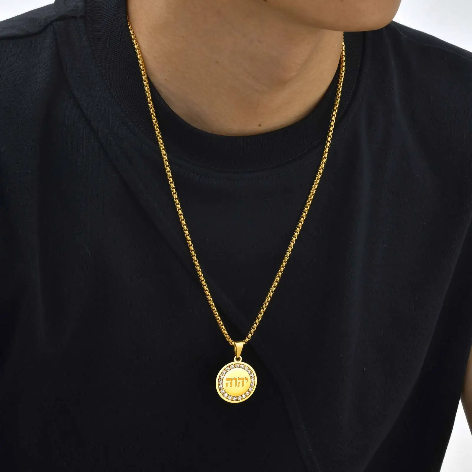 Men's Hebrew Round Necklace with Zircon,Non Fade Stainless Steel Pendant Necklace,Hebrew Jewelry Gifts